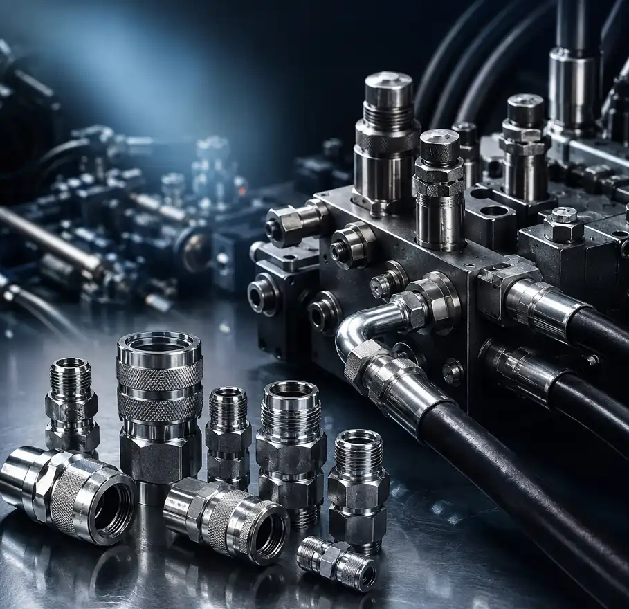 Hydraulic couplings, adapters and hose assemblies on a valve block