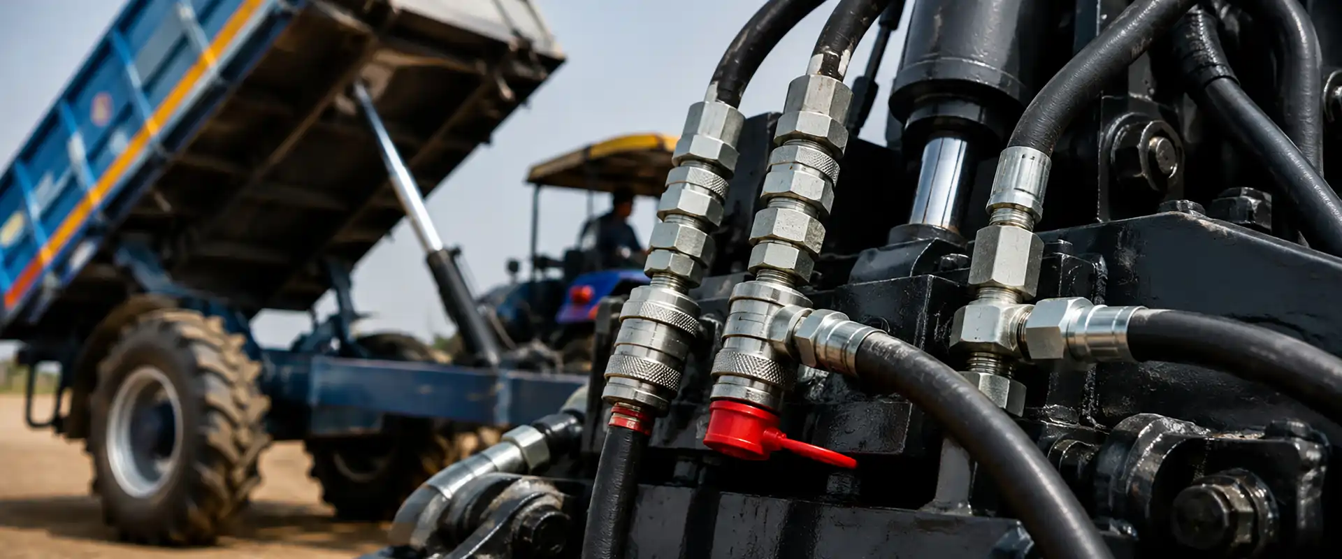 Quick release couplings connected on a tractor trolley hydraulic tipping system