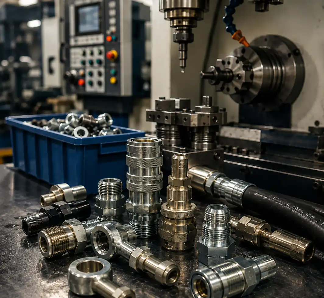 Finished hydraulic fittings beside the lathe they were machined on